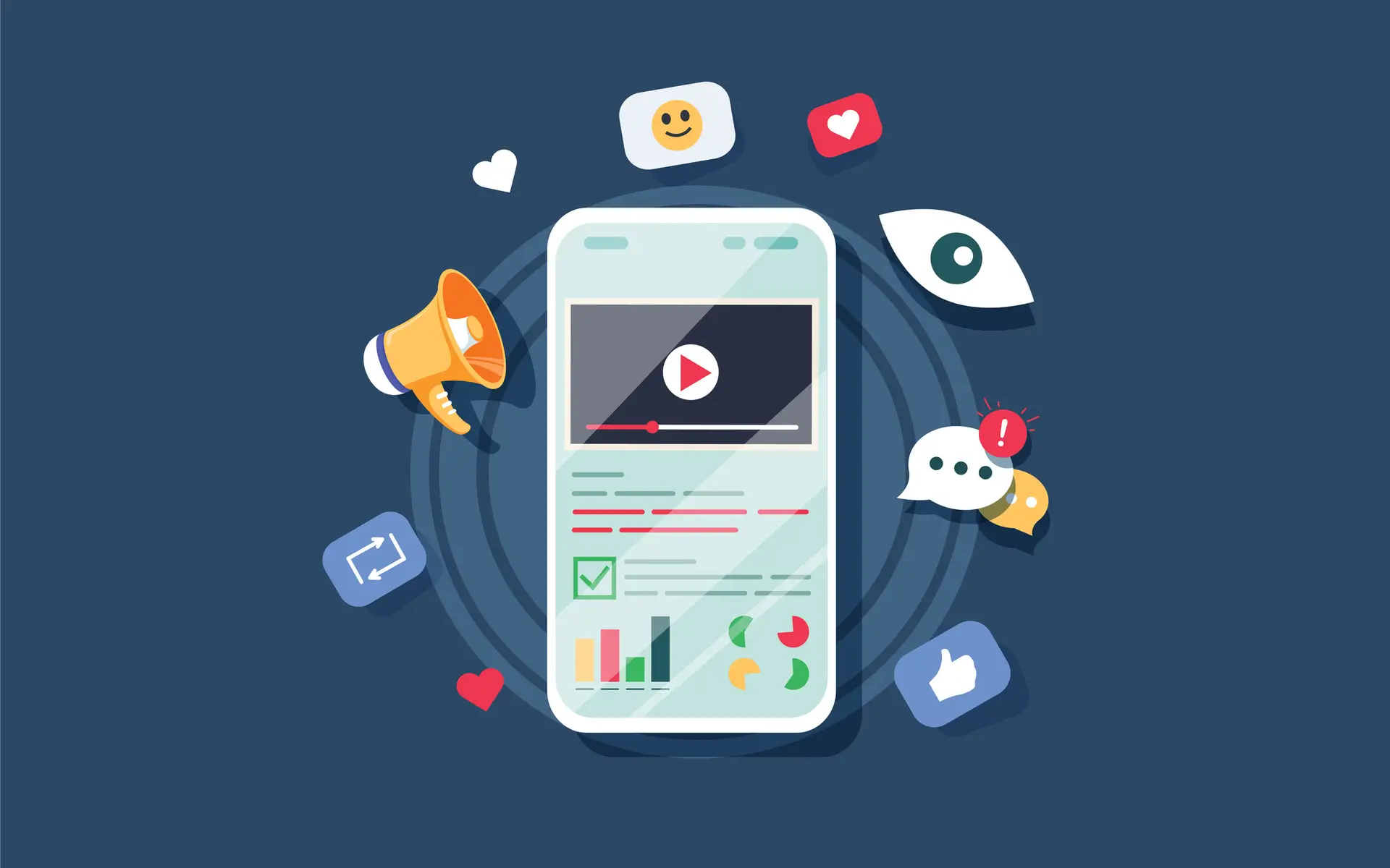 Video on mobile screen, video sharing and marketing flat vector concept with icons. Create video content and make money. Vector illustrate. Audit report and marketing data analysis concept. Website