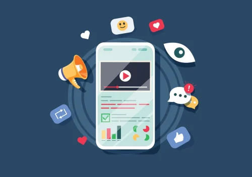 Video on mobile screen, video sharing and marketing flat vector concept with icons. Create video content and make money. Vector illustrate. Audit report and marketing data analysis concept. Website