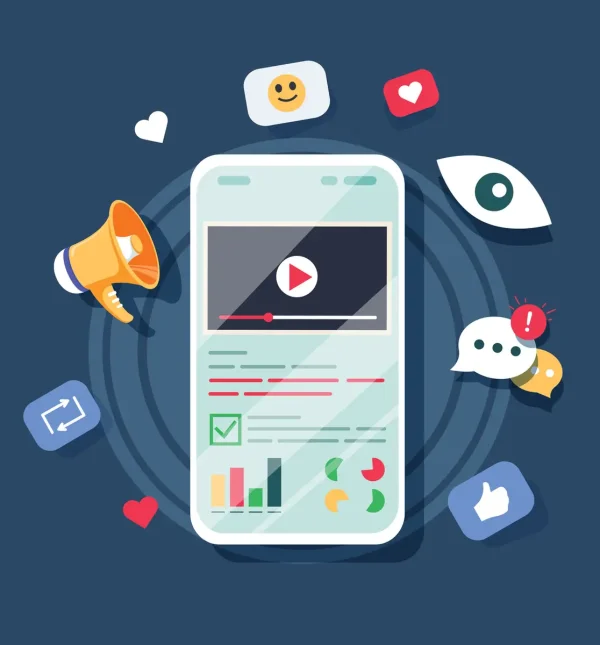 Video on mobile screen, video sharing and marketing flat vector concept with icons. Create video content and make money. Vector illustrate. Audit report and marketing data analysis concept. Website