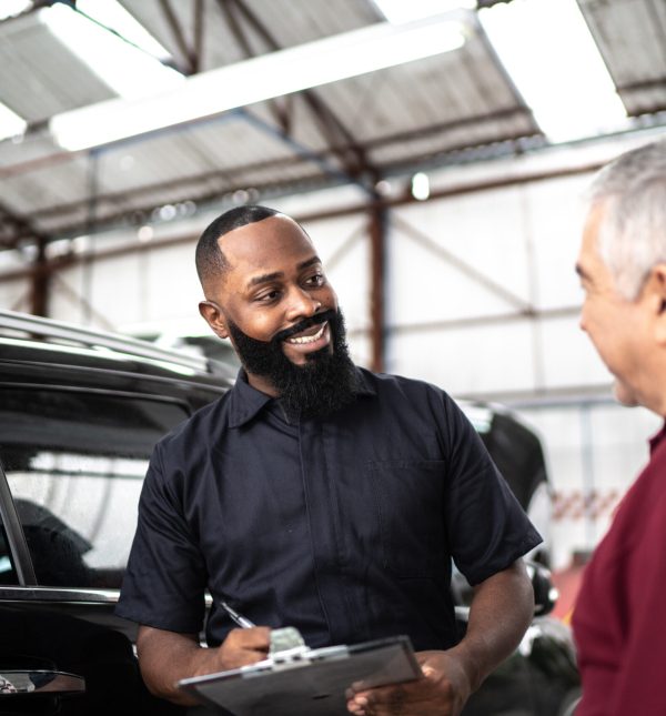 Car mechanics, workers, customers, satisfaction / Auto car repair service center.