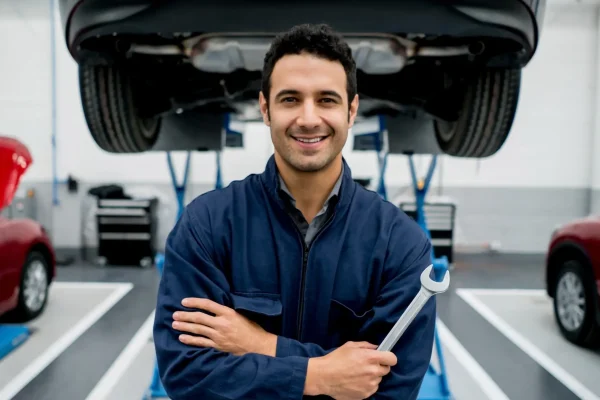 Portrait of a mechanic fixing cars at an auto repair shop holding a wrench and looking at the camera smiling